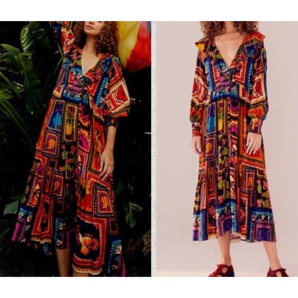 Farm Rio Patchwork Tapestry Ankle Dress M Ruffle Neck Tiered Red Maxi Colorful